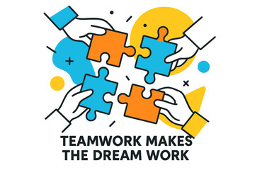 Teamwork in Action. The importance of teamwork, hands holding puzzle pieces, colorful background with geometric shapes, Teamwork makes the dream work phrase.
