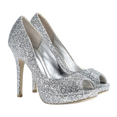 Silver glitter high heel shoes isolated on transparent background