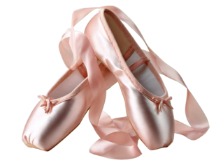 Pink satin ballet pointe shoes with ribbons isolated on transparent background