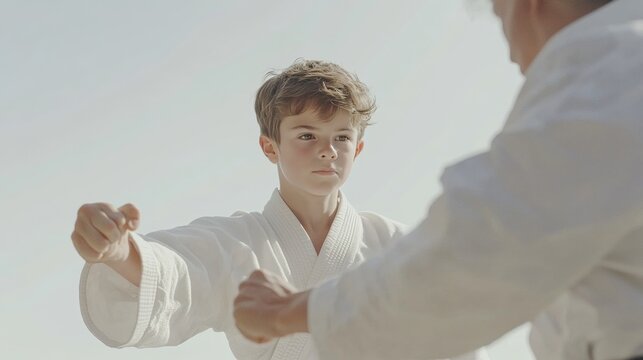 Child and adult martial arts training together.