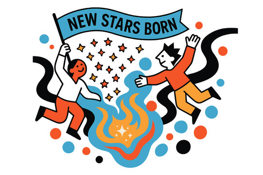 Stellar Cradle Celebration. Cosmic Birth Announcement. Tiny star icons pop like confetti from a glowing cradle of gas; a banner reads ?New Stars Born.? Dust