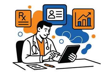 Tech-Savvy Doctor's Workflow. Clinical workflow. A doctor uses a tablet on a desk with floating abstract icons