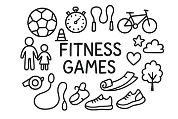 Doodle Fitness Games. Fitness Games. Hand-drawn doodle illustration of Fitness Games. ball, cone, stopwatch,