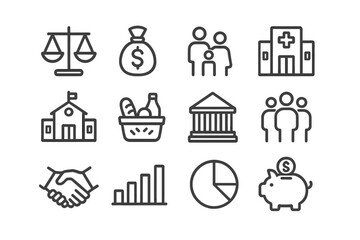 Social Welfare Icons. Social welfare economics. Line icon set of social welfare economics: scale balance, money bag, family, hospital, school, food basket,
