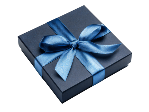 Blue gift box with light blue ribbon bow isolated on transparent background