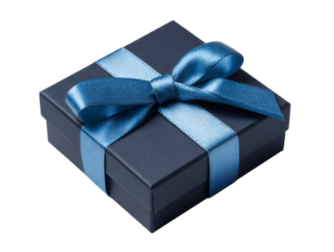 Blue gift box with light blue ribbon bow isolated on transparent background