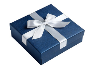 Blue gift box with white ribbon bow isolated on transparent background