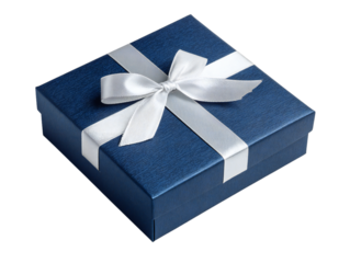 Blue gift box with white ribbon bow isolated on transparent background