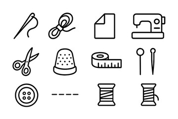Fototapeta premium Sewing Tools Icons. Clothing stitching. Line icon set of clothing stitching: needle, thread, fabric fold, sewing machine, scissors, thimble, measuring tape,