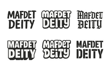 Obraz premium Mafdet Lettering Styles. Mafdet Deity. Set lettering. harmonious lettering variations of the same emblematic concept, each with different artistic