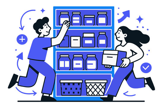 Vibrant Organized Storage. Maximized storage. Shelves filled neatly with labeled jars, boxes, and baskets,