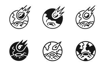 Asteroid Impact Logos. Asteroids and meteor impacts on Earth. Set Logo of asteroids and meteor impacts on Earth: crater field topographic map. Icon set.