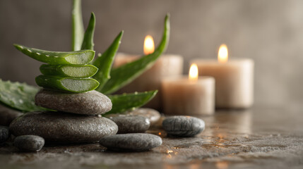 Aloe vera slices balanced on zen stones with burning candles