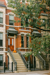 Fototapeta premium Beautiful brick townhouse with pumpkins on steps during autumn in a city neighborhood