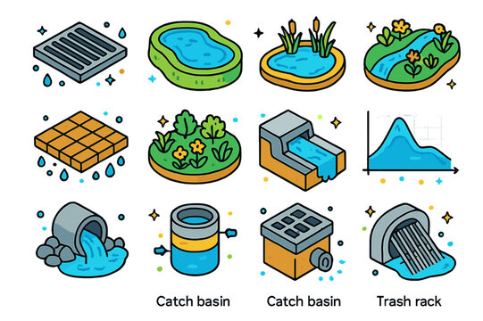 Stormwater Management Icons. Stormwater management. Colorful isometric vector icons set of Stormwater management: storm drain grate, detention pond, retention