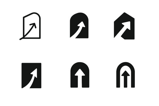 Doorway Logo Variations. Creating opportunities. Set Logo of Creating opportunities: open doorway with rising arrow. harmonious logo variations of the same
