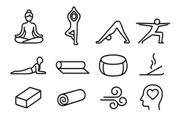 Fototapeta premium Yoga Icon Grid. Yoga. Line icon set of Yoga: lotus pose, tree pose, downward dog, warrior pose, cobra pose, yoga mat, meditation cushion, incense, yoga block,