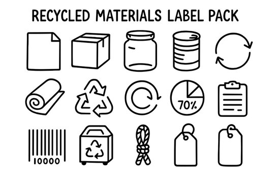Recycled Materials Icons. Recycled materials label pack. Hand-drawn doodle illustration Recycled materials label pack paper sheet, cardboard box, glass jar,