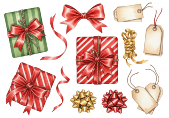 Collection of christmas gift boxes, ribbons, bows, and tags isolated on transparent background