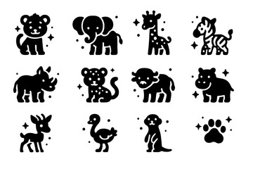 Fototapeta premium Savanna Baby Animals. Young Animals of the Savanna. Solid icons set of Young Animals of the Savanna: lion cub, baby elephant, giraffe calf, zebra foal, rhino