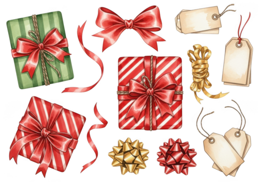 Collection of christmas gift boxes, ribbons, bows, and tags isolated on transparent background - Powered by Adobe
