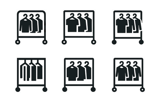 Uniformity Hanger Logos. Hanging clothes on matching hangers for uniformity. Icon set. Set Logo of Hanging clothes on matching hangers for uniformity: garment