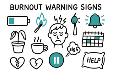 Illustrated Burnout Indicators. // Burnout warning signs. Hand-drawn doodle illustration Burnout warning signs [battery empty (accented), flame-out match