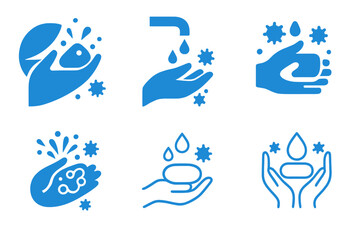 Social Distancing Logos. Social distancing and COVID--related imagery. Set Logo of Social distancing and COVID--related imagery: hand washing. Icon set.