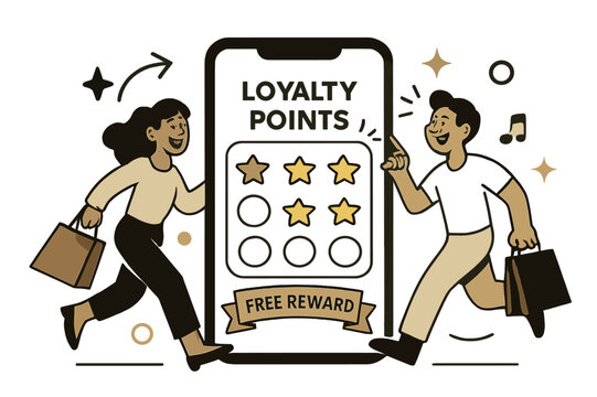 Shopping Rewards Unlocked. Shopping Habits ? Loyalty Points. Phone shows a clean stamp card; stars pop into place with a soft ?ding?. Ribbon reads ?free