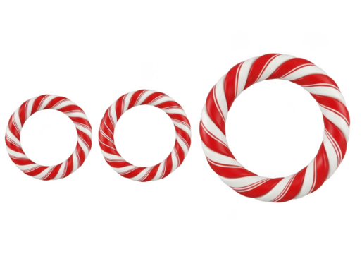 Three candy cane wreaths in graduating sizes isolated on transparent background