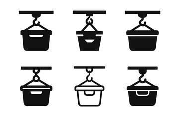 Garage Storage Icons. Using overhead storage racks in the garage. Set Logo of Using overhead storage racks in the garage: pulley hoist lifting a storage bin to