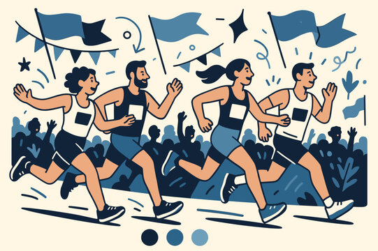 Vibrant Marathon Dynamics. Running events. Vibrant marathon runners in motion, with sneakers pounding the pavement and arms outstretched. Colorful flags and