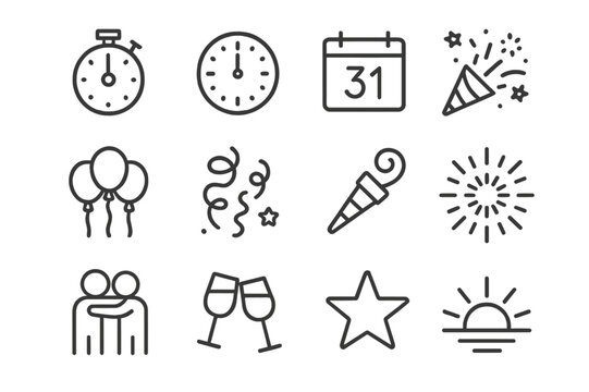 Countdown Celebration Icons. Countdown and Midnight. Line icon set of Countdown and Midnight: countdown timer, clock at twelve, calendar page, confetti cannon,