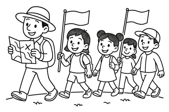 Community Procession Coloring Page. Community procession children?s coloring book illustration, outlined drawing, a group of smiling travelers walking together