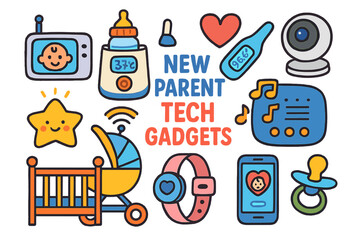 New Parent Gadgets. New parent tech gadgets. Colorful Hand-drawn doodle Children illustration New parent tech gadgets baby monitor, smart bottle warmer,