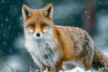Obraz premium Red fox in snowy landscape pursuing prey during winter hunt in nature