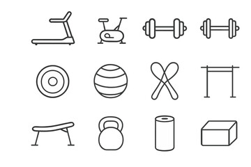 Fitness Equipment Icons. Fitness Equipment. Line icon set of Fitness Equipment: treadmill, stationary bike, dumbbell pair, barbell, weight plate, gym ball,