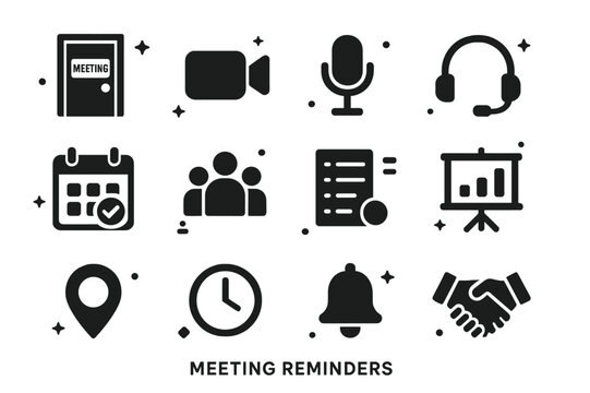 Meeting Reminder Icons. Meeting Reminders. Solid icons set of Meeting Reminders: meeting room door, video camera, microphone, headset, calendar invite,