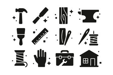 Obraz premium Craftsmanship Tools Icons. Craftsmanship Essentials. Solid icons set of Craftsmanship Essentials: hammer, chisel, saw, anvil, paintbrush, ruler, wood plank,