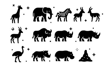 Obraz premium Savanna Herbivore Icons. Savanna Herbivores. Solid icons set of Savanna Herbivores: giraffe, elephant, zebra, antelope, gazelle, wildebeest, buffalo, rhino,