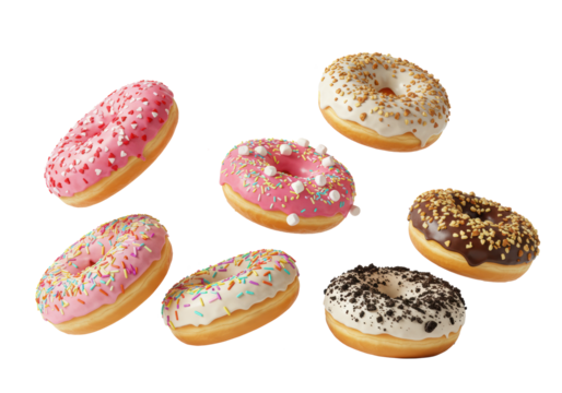 Six assorted glazed donuts (pink, chocolate, white) floating mid-air, toppings scattering, against a transparent studio background with copy space. Playful culinary delight
