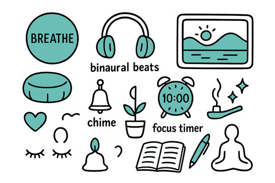 Mindfulness Tools Doodle. // Mindfulness & meditation tech. Hand-drawn doodle illustration mindfulness & meditation tech [breath pacing circle (accented),