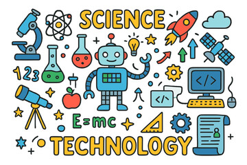 Colorful Science Doodles. Science and Technology. Colorful Hand-drawn doodle Children illustration Science and Technology, microscopes, telescopes, robots,