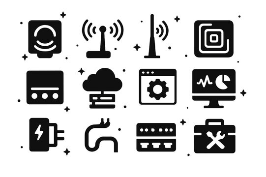 IoT Parking Icons. IoT parking infrastructure. Solid icons set of IoT parking infrastructure: ultrasonic sensor, LoRa gateway, NB-IoT antenna, RFID tag, edge