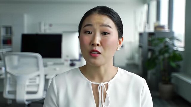 Woman talking, gesturing in office setting, blurred background for presentation or interview