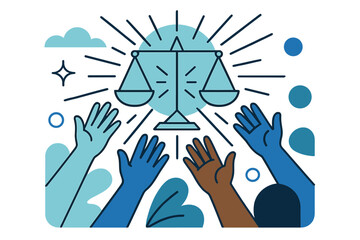 Diverse Hands Reach. Hands of Equality. Diverse hands reach toward a glowing balance scale; abstract rays of