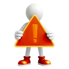 Aviso importantissimo de urg&ecirc;ncia. boneco segurando placa triangular vermelha de perigo 