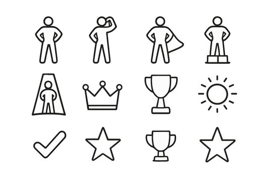 Strong Stance Icons. Strong stance. Line icon set of strong stance: person standing tall, arms on hips, raised fist, confident stance, superhero silhouette,