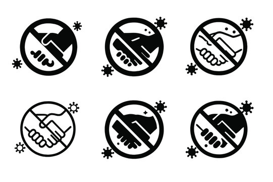 Symbolic Social Distancing Logos. Social distancing and COVID--related imagery. Set Logo of Social distancing and COVID--related imagery: no handshake symbol.