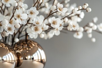 A chic floral arrangement showcasing metallic bronze accents paired with soft white blossoms,